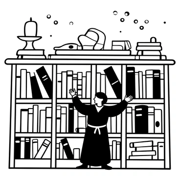 A large wooden bookshelf filled with various book spines. The spines are animated, shifting and changing positions in an orderly manner, creating a sense of movement. In front of the bookshelf, a figure in robes, resembling Dumbledore, reaches out to select a particular volume. The surrounding area is filled with a soft glow from floating candles above. The setting conveys a magical library atmosphere, with intricate details on the books and the bookshelf itself.