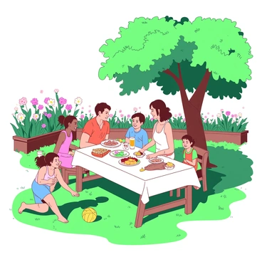 A white table is set up in a sunny backyard, with a family gathered around it enjoying an apero. The table is adorned with colorful snacks and drinks. The family members are smiling and engaged in conversation. Nearby, two children are playing with a bright yellow ball on the green grass. There are blooming flowers in the flowerbeds surrounding the yard, adding to the vibrant atmosphere. A large tree provides shade, while the sun casts soft shadows on the ground.