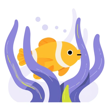 A bright orange clownfish with white stripes is playfully peeking out from between the flowing tentacles of a large, vibrant sea anemone. The tentacles are a mix of purple and green hues, gently swaying as if moved by the ocean currents. The underwater scene is filled with soft, diffused light filtering through the water, creating a lively atmosphere. Small bubbles rise around the clownfish, adding a sense of movement to the image.