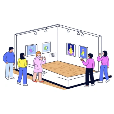 A small art gallery with white walls and wooden flooring. The gallery features several framed artworks, each showcasing different artistic interpretations of the "fourchette." One artwork depicts a delicate fourchette in a minimalist style, while another presents a vibrant, abstract representation. There are spotlights above each piece highlighting their unique details. Visitors can be seen admiring the artworks, standing at a comfortable distance, and discussing the pieces among themselves. A small sign next to each artwork provides titles and artist names.