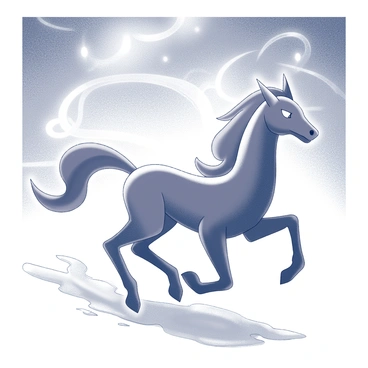 A majestic Suicune in a dynamic pose, running across a snow-covered landscape. Its body is sleek and elongated, capturing the essence of speed and grace. The mane flows behind it, resembling the swirling patterns of an aurora borealis. Above, the sky is filled with intricate forms of light, creating a dramatic backdrop. The ground beneath is dotted with patches of ice and light snow, reflecting the ethereal glow from above. The overall scene conveys a sense of movement and the beauty of nature.