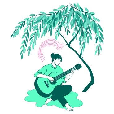 A teal musician is sitting on a patch of grass beneath a large, sweeping willow tree. The musician is focused on playing an acoustic guitar, with fingers gracefully moving along the strings. Above the musician, soft, flowing notes in a gentle pink hue are visually represented, swirling through the air in a melodic pattern. The willow's long branches are draping down, creating a serene atmosphere around the musician and accentuating the scene.