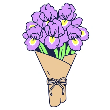 A bouquet of freshly picked irises is arranged neatly, their vibrant petals displaying intricate patterns. The flowers are tightly bound together, showcasing various shades of their natural beauty. The irises are wrapped in simple brown paper, elegantly secured with twine, giving the composition a rustic charm. The vibrant blooms contrast with the earthy tones of the wrapping, creating a visually appealing display. The stems are neatly trimmed and a few green leaves peek out from beneath the paper.