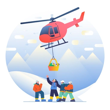 A bright red chopper is hovering above a snowy mountain landscape. The helicopter has its rotors spinning rapidly, creating a flurry of snowflakes around it. Below, a team of rescuers in orange jackets and white helmets is preparing to lower a rescue basket towards a group of stranded hikers, who are bundled in heavy winter gear. The mountain peaks are covered in fresh white snow, contrasting with the clear blue sky in the background. Wisps of clouds are drifting above, adding depth to the scene.