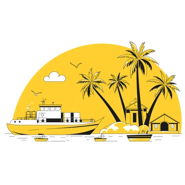 A fuel barge with a large, flat deck is approaching a small tropical island port. The barge is equipped with an assortment of fuel tanks and is gently bobbing on the water. The port features a wooden dock with a few people waiting to unload supplies. Palm trees sway in the background, and small boats are tied up nearby. The island's sandy shore is visible, with a few colorful huts lining the coast. Seagulls can be seen flying above the water as the scene unfolds.