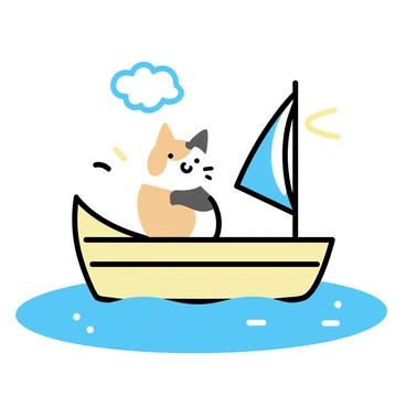 A calico cat with patches of orange, black, and white fur is sitting calmly in a small sailboat. The boat is made of light wood, gently floating on clear blue water. Sunlight reflects off the surface of the water, creating a sparkling effect. The cat has its tail curled around its paws, looking content as a gentle breeze ruffles its fur. A small fabric sail in the boat is taut, catching the wind, with a simple design in blue and white. The scene conveys a tranquil atmosphere with a few fluffy white clouds in the sky.