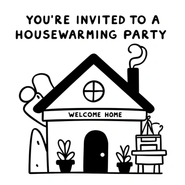 Words "You're Invited to a Housewarming Party" displayed prominently above a cozy illustration of a house with a welcoming front porch, smoke rising from the chimney, and a few potted plants on either side of the door. Next to the house, a large key is positioned prominently, symbolizing new beginnings. An outline of a small table with snacks and drinks is placed in front of the house, with a banner reading "Welcome Home" strung above it.