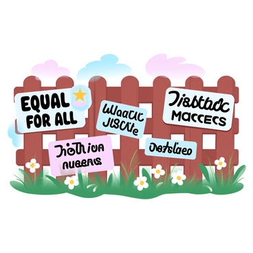 A wooden fence is covered with various signs displaying messages that promote equality and social justice. Each sign has distinct graphics and colors, with phrases like "Equal Rights for All," "Justice Matters," and "Together We Stand." The signs are arranged in a vibrant yet organized manner, with some signs being hand-painted and others printed. The fence is surrounded by lush green grass, and a few wildflowers are visible at the base, adding to the scene. Soft gradient pastel colors fill the background, creating a harmonious atmosphere.