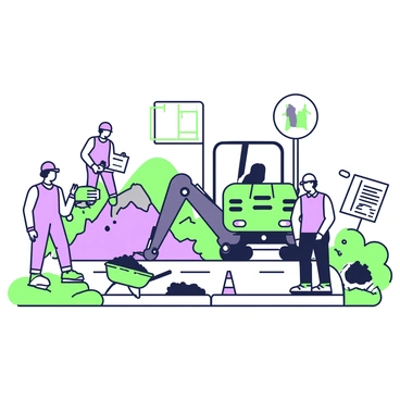 A road construction scene is taking place with multiple workers engaged in various tasks. In the foreground, a worker is operating a large excavator, its bucket digging into the Earth's crust, throwing up clumps of dirt. Nearby, two workers are using shovels to move soil into wheelbarrows. A third worker is inspecting blueprints on a clipboard, standing on a section of the road that is marked for repair. Safety cones and barriers are placed around the construction site to ensure safety. In the background, a road sign indicating the construction area is visible, and half-finished asphalt is laid out next to the site.