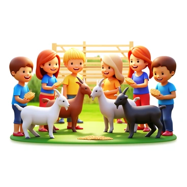 A group of children, smiling and laughing, are feeding goats at a farm. The kids are holding small handfuls of goat feed. The goats, with their varying fur colors of white, brown, and black, are eagerly approaching the children. The bright sun casts warm light on the scene, creating soft shadows on the ground. In the background, green grass and a wooden fence can be seen, enhancing the farm atmosphere. The kids are wearing colorful casual clothing, and some are crouched down to be at eye level with the friendly goats.