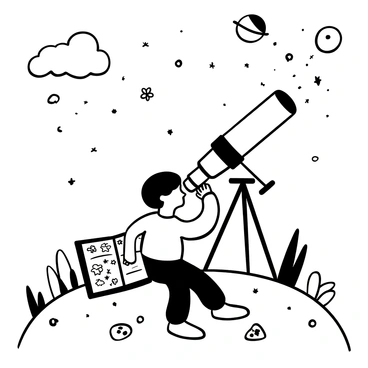 A child sitting on a grassy hill, looking through a telescope aimed at a starry sky. The telescope is large with intricate details and positioned steadily on a tripod. Beside the child, there is an open notebook filled with sketches of stars and planets. Scattered around are small rocks and wildflowers, adding texture to the scene. The child is surrounded by a gentle breeze, and a sense of wonder permeates the atmosphere as they explore the cosmos above.