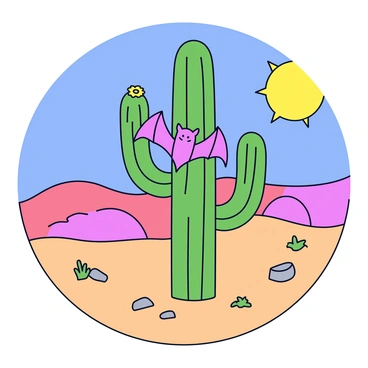 A bat with large wings is hanging upside down from a tall, spiky cactus. The cactus has several green arms extending upwards and a few yellow flowers blooming near the top. The background features a sun-scorched desert landscape with rolling sand dunes and a bright blue sky overhead. The sun is shining intensely, casting sharp shadows on the ground. Sparse vegetation, such as small shrubs and rocks, can be seen scattered throughout the sandy terrain.