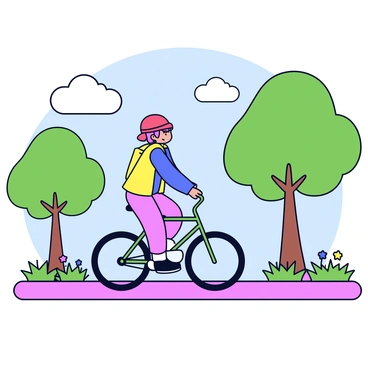 A person riding a bicycle along a path in a park. The bicycle has a simple frame and two large wheels. The rider wears a bright red helmet and has a joyful expression. There are green trees on either side of the path, their leaves detailed with small strokes. A few flowers bloom along the sides, adding color to the scene. The background features a clear blue sky with a few fluffy clouds.