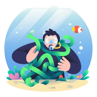 A scuba diver with dark hair and a black wetsuit is underwater, struggling with a mass of tangled green seaweed that surrounds him. The diver's face is partially obscured by a clear diving mask, and bubbles are escaping from the regulator in his mouth. The ocean floor is covered with soft sand, and small, colorful fish are swimming nearby, peering curiously at the scene. Sunlight filters down from the surface, creating a beautiful pattern of light and shadows in the water. The diver's hands are reaching out in an effort to free himself from the entanglement of seaweed.