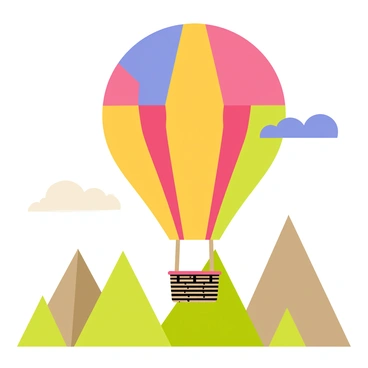 A colorful hot air balloon featuring a large, round balloon with a vibrant patchwork design in shades of red, yellow, and blue. The balloon is tethered to a small wicker basket below. Surrounding the balloon are cut-out mountains with varying heights, colored in shades of green and brown. Scattered around the base of the mountains are paper trees with triangular canopies in rich green hues. The sky above is a bright blue with a few fluffy white clouds floating gently.