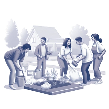 A group of diverse individuals is gathered in a residential area, engaging in a neighborhood clean-up. Some are bent over, picking up litter from the ground, while others are carefully placing trash bags filled with waste nearby. A few participants are planting flowers in a garden bed, using small gardening tools and watering cans. The scene is filled with enthusiasm, as several people are sharing smiles and encouraging one another as they work together to improve their community. In the background, there are houses with well-kept lawns and trees lining the streets. Each neighbor's effort contributes to a cleaner and more vibrant neighborhood.
