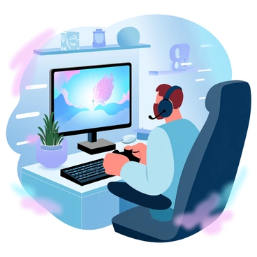 A gamer is sitting in a dark room, surrounded by colorful lights emanating from a gaming setup. The screen in front of the gamer displays a vibrant game scene filled with dynamic action. The gamer is wearing headphones and has both hands on a game controller, showcasing concentration. Various gaming peripherals, such as a mechanical keyboard and a gaming mouse, are positioned on the desk, emitting a soft glow. The background features shelves filled with gaming memorabilia and softly glowing LED strips.