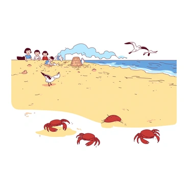 A sandy beach stretches across the scene, with soft golden sand glimmering under the sunlight. Several small crabs are seen digging into the sand, their little claws moving quickly as they burrow. In the background, a group of seagulls is scavenging for food, some perched on the wet sand while others take flight above the shoreline. In the distance, children are playing, laughing as they build sandcastles and splash water along the shoreline. The sea waves gently lap against the shore, creating a lively atmosphere.