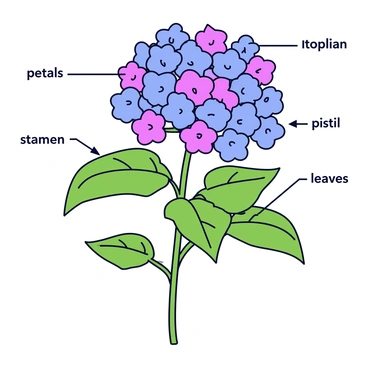 A botanical study page featuring a detailed illustration of a hydrangea flower. The flower is composed of numerous small blooms clustered together, showcasing shades of blue, purple, and pink. Each petal is distinct, with a slightly rounded shape and a smooth texture. The green leaves surrounding the flower are broad and serrated, providing a contrasting backdrop. The labeled parts include “petals,” “sepals,” “stamen,” “pistil,” and “leaves,” clearly marked with neat lines pointing to each corresponding area. The layout is organized and visually appealing, enhancing the educational aspect of the study page.