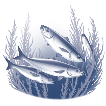 A school of tarpons swimming in a dynamic formation. The fish display their streamlined bodies, glistening with textures as they move seamlessly through a dense kelp forest. The long, flowing fronds of the kelp create a textured backdrop, swaying gently in the water. Sunlight filters through the surface, casting intricate shadows and beams that highlight the movement of the fish. The scene evokes a sense of motion and harmony between the tarpons and the underwater vegetation.