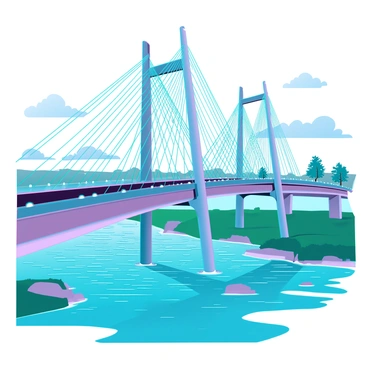A massive steel suspension bridge with tall, sturdy towers and intricate cable systems spans a wide, flowing river. The bridge is adorned with bright safety lights and has a smooth road surface with clearly defined lane markings. Below, the river flows rapidly, reflecting the sunlight and creating ripples on the surface. On the banks of the river, there are patches of green grass and trees swaying gently in the breeze, adding contrast to the industrial structure of the bridge. The sky is partly cloudy, with beams of sunlight breaking through, illuminating the scene.