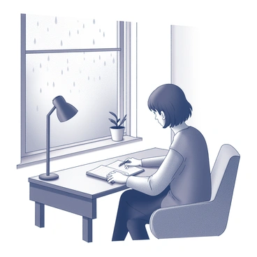 An indoor setting featuring a person focused on studying at a desk positioned near a window. The individual is sitting with a notebook open and a pen in hand, deeply engaged in their work. The window reveals a view of rain falling gently outside, with droplets visible on the glass. A small potted plant rests on the windowsill, contributing to the cozy atmosphere. A comfortable chair is situated next to the desk, and soft light from a nearby lamp illuminates the study area, casting gentle shadows around the room.