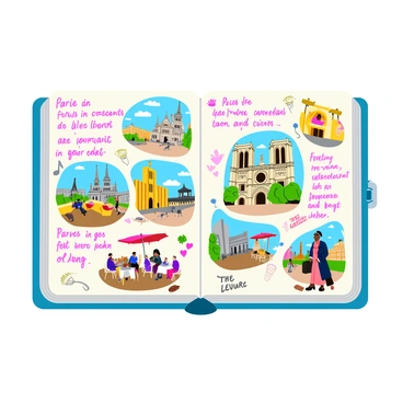 A travel journal page filled with colorful hand-drawn scenes featuring iconic landmarks from Paris. The drawings include the "Eiffel Tower" soaring above the skyline, and "Notre-Dame Cathedral" with its intricate details. There are sketches of quaint cafes with tables set outside, and street scenes bustling with people in stylish attire. Handwritten notes detail experiences, such as tasting "croissants" and visiting "the Louvre." The background is adorned with doodles of flowers and hearts, adding a whimsical touch to the travel memories showcased on the page.