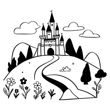 A fairytale castle with tall, pointed towers and intricate architectural details sits majestically atop a hill. The castle's walls are adorned with elaborate patterns. Surrounding the castle is a lush landscape filled with rolling hills and abundant trees. In the foreground, there are wildflowers scattered across the grassy terrain. A winding path leads from the bottom of the hill to the castle entrance, enhancing the enchanting scene. The sky is filled with fluffy clouds, adding to the whimsical atmosphere.