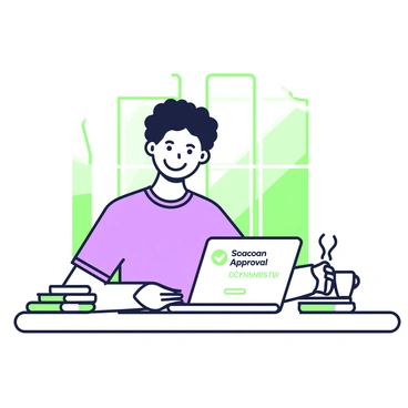 A student sits at a desk, visibly relaxed and smiling. The student has curly hair and is wearing a casual t-shirt. In front of them, there is a laptop open with a webpage displaying a loan approval message. Next to the laptop, there is a stack of books and a notebook with a pen resting on top. A coffee cup sits on the corner of the desk, steam rising from it. Sunlight streams through a window in the background, illuminating the space. The atmosphere conveys a sense of achievement and relief.