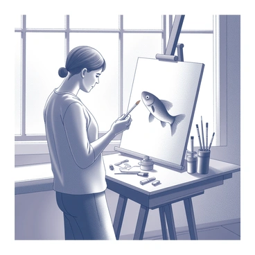 An artist is standing in a sunlit studio, focused on a canvas. The artist is holding a paintbrush, and their gaze is directed towards the canvas where a minnow is being painted. The minnow is depicted with its delicate fins and streamlined body, showcasing intricate details. The studio is filled with natural light streaming through large windows, illuminating the workspace. Art supplies are scattered around, including tubes of paint and brushes of various sizes. The atmosphere conveys a sense of creativity and concentration.