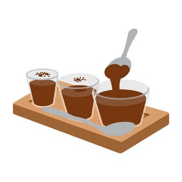 A rich brown chocolate pudding is being poured smoothly into transparent dessert cups. Each cup is half-filled, showcasing the creamy texture of the pudding. A light sprinkle of cocoa powder is added on top, creating a contrast against the glossy surface of the pudding. The cups are placed on a wooden table, and a small silver spoon rests beside each cup.