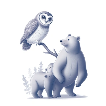A detailed portrait of an owl perched on a branch. The owl has large, expressive eyes and intricate feather patterns. Below, a bear stands on its hind legs, showcasing its powerful physique and textured fur. The composition captures both animals in a natural pose, with the owl looking directly at the viewer while the bear glances to the side. The background features stylized elements of foliage and trees, adding to the wildlife theme of the scene.