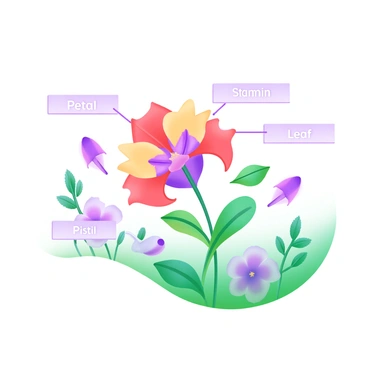 A modern pastel illustration featuring a colorful wildflower at the center, with intricate details in its petals and leaves. The wildflower includes vibrant hues of red, yellow, and purple. Around the wildflower, there are labels for each part, such as "Petal," "Stamen," "Pistil," and "Leaf," in clear, legible font. The background includes soft green foliage and hints of other wildflowers to enhance the botanical theme. The overall composition is balanced and visually appealing, showcasing the beauty of the wildflower and its parts.