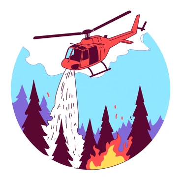 A red helicopter hovers above a spreading forest fire, releasing a cascade of water from its open cargo doors. Below, flames rise among the tall trees, engulfing branches in bright orange and yellow hues. The helicopter's blades are in motion, creating a sense of urgency as water sprays down onto the flames. In the background, smoke billows into the blue sky, contrasting with the vibrant colors of the fire and the greenery of the forest. The scene captures the intensity of the firefighting effort and the chaotic nature of the wildfires.
