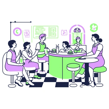 A bustling 1950s diner interior filled with customers. In the foreground, a group of four people is sitting in a booth, enjoying milkshakes served in tall glasses and plates of burgers, with fries on the side. One of the customers is laughing while another is taking a bite from a burger. At the counter, a smiling waitress in a uniform delivers food to customers seated on barstools. The diner features a checkered floor and colorful stools. Neon signs are visible on the walls, and a jukebox stands in the corner, adding to the lively atmosphere.