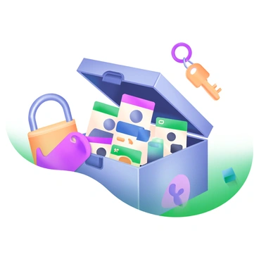 A modern pastel illustration featuring a secure box with a sleek design, placed in the center of the image. The box is slightly open, revealing a variety of ID cards in different colors and designs inside. Each ID card has distinct patterns, including some with photographs and some with symbols representing security and privacy. Surrounding the box are subtle elements such as a lock and a key, emphasizing the theme of protection. The background is softly colored to enhance the focus on the box and the cards.