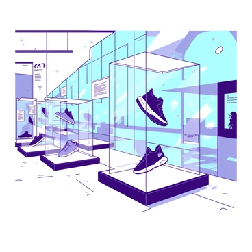 A futuristic museum interior features sleek, minimalist architecture with large glass walls allowing natural light to flood the space. In the center, there are several transparent display cases showcasing "Air Jordan sneakers" that are floating in mid-air, surrounded by a soft glow. The sneakers are arranged in an artistic formation, each pair positioned at different heights for visual interest. The floor is polished and reflective, further enhancing the futuristic feel of the environment. Various holographic information panels are integrated into the displays, providing details about each sneaker.