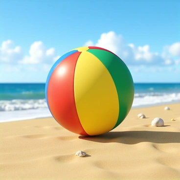 A beach ball divided into quarters of bright colors, including red, blue, yellow, and green. The ball is floating above the warm sand of a sunny beach. The sunlight creates reflections on the ball's glossy surface. In the background, there are a few seashells scattered on the sand, and gentle ocean waves can be seen lapping at the shore. The sky above is clear blue with a few fluffy white clouds.