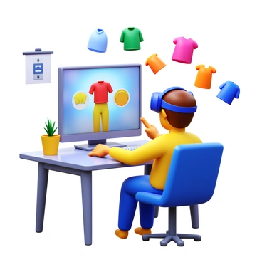 A person sitting at a computer, engaged in customizing their digital avatar's outfit. The screen displays a variety of 3D fashion designs, including shirts, pants, and accessories. The person is using a virtual reality headset, with one hand reaching out to select different clothing options. The room is filled with modern furniture and tech gadgets. Various colorful fabrics and textures float around the avatar on the screen, showcasing the customization process.