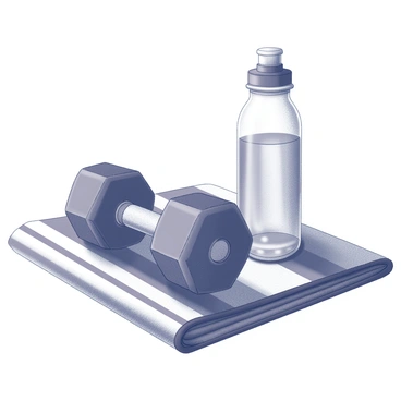 A dumbbell with a textured grip is resting on a neatly folded gym towel, which has a striped pattern. Next to the dumbbell, there is a transparent water bottle with a removable cap, partially filled with clear water. The bottle sits upright, showcasing its round shape and smooth surface. The towel has a soft appearance and lays flat, providing a contrasting background to the hard surface of the dumbbell.