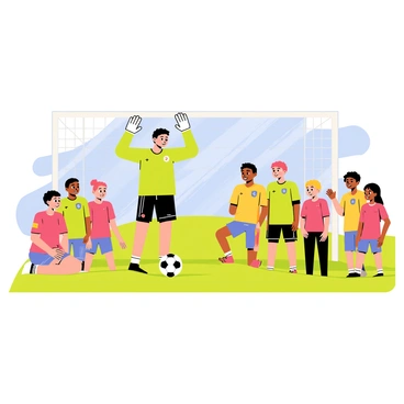 A soccer goalie sharing tips with a group of children during a summer camp, all in bright team shirts.