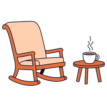A wooden rocking chair with a smooth finish and gently curved rockers. The chair has a comfortable seat and a high backrest, perfect for relaxing. Next to the chair is a small round side table made of the same wood, complementing the rocking chair. On top of the table sits a white ceramic cup filled with steaming tea, with wisps of steam rising into the air. The scene is cozy and inviting, suggesting a peaceful moment for enjoying a warm drink.
