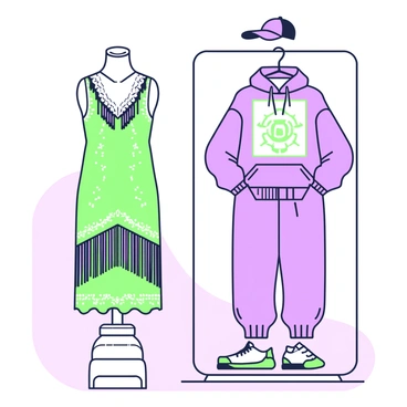 A 1920s flapper dress is displayed on the left. The dress features a loose silhouette, adorned with fringe that sways gently. It has a low waistline and is embellished with geometric patterns and sequins. Next to it, a contemporary streetwear outfit is shown on the right. This outfit includes an oversized hoodie with a bold graphic print and relaxed-fit joggers. The ensemble is completed with chunky sneakers and a baseball cap. A mannequin displaying the flapper dress stands on a vintage wooden pedestal, while the streetwear outfit is presented on a modern metal rack. The background consists of a subtle gradient that enhances the focus on the contrasting styles.