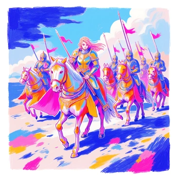 A fierce female warrior stands at the forefront of a group of knights. She is clad in intricately designed armor that glimmers in the light, featuring sharp angles and ornate patterns. Her long, flowing hair is tied back, and her determined expression showcases her readiness for battle. The knights behind her are mounted on strong horses, each equipped with shining helmets and weapons at the ready. The scene is dynamic, with the group positioned on a rugged terrain, preparing to charge forward. The sky above is filled with dark clouds, hinting at the intensity of the upcoming battle.