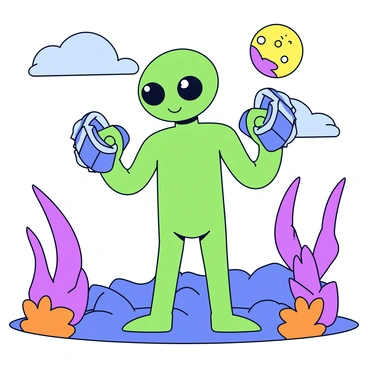 An alien with green skin and large black eyes is lifting futuristic dumbbells made of shiny metal. The dumbbells have an angular design with glowing blue accents. The alien is standing on a rocky surface with vibrant purple and orange vegetation surrounding it. Behind the alien, there are two large moons visible in the sky, casting a soft light on the scene. The atmosphere appears thick with colorful clouds swirling in the background.