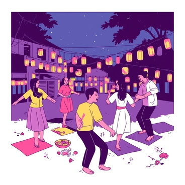 At night, the scene in Thau is illuminated by an array of vibrant lanterns in various shapes and sizes, hanging from trees and buildings. The lanterns emit a warm glow, casting a playful light on the gathering below. In the foreground, a group of people is dancing joyfully, their movements fluid and lively as they celebrate. Some are wearing traditional clothing, adding to the colorful atmosphere, while others are in casual attire, blending into the festive spirit. The ground is decorated with colorful mats and flowers, enhancing the festive environment. Laughter and cheer fill the air as the festival continues under the starry night sky.