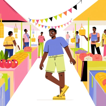 A slowboy with a cheerful expression is strolling through a vibrant market filled with colorful stalls. The boy is wearing a bright blue shirt and light green shorts. Around him, stalls are displaying an array of handmade crafts such as woven baskets, painted pottery, and colorful textiles. Fresh local produce like shiny red apples, yellow bananas, and green leafy vegetables are arranged neatly on the tables. People in the background are engaged in conversations, adding to the lively atmosphere of the market. Brightly colored banners and flags are hanging overhead, enhancing the festive feel of the scene.
