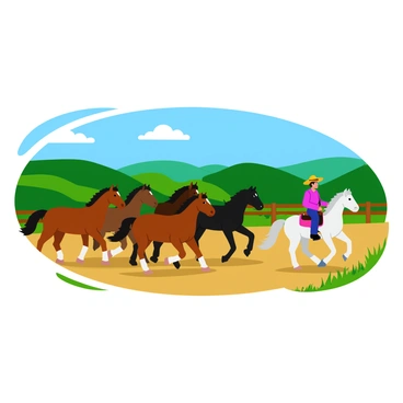 A horse trainer wearing a wide-brimmed hat is skillfully guiding a group of beautiful horses across a ranch. The horses are various shades of brown, black, and white, showcasing glossy coats and flowing manes. The trainer is on horseback, demonstrating confident posture and control, while the horses gallop energetically in a semi-circle around him. The ranch features rolling green hills in the background, with a wooden fence enclosing the area and patches of wildflowers dotting the landscape. The sky above is clear with a few fluffy clouds, allowing for bright sunlight to illuminate the scene.