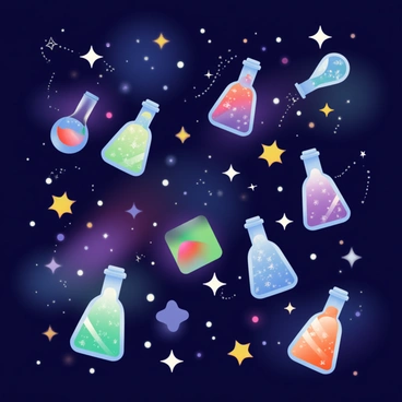 A dark cosmic scene filled with a multitude of stars scattered across a deep indigo background. Various colorful nebulae swirl in shades of violet, blue, and pink, creating a rich tapestry of color in the universe. In the foreground, several translucent ampoules are floating gracefully, their surfaces reflecting the light from nearby stars. Some ampoules contain vibrant, glowing liquids in shades of green and orange, while others are empty, showcasing intricate designs etched on their surfaces. The stars twinkle brightly around the ampoules, adding to the otherworldly atmosphere of the scene.