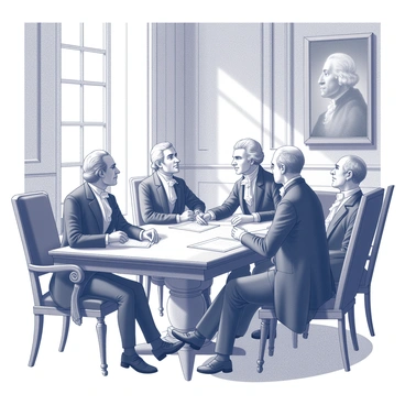 A room filled with elegantly designed furniture, showcasing the opulence of the period. Thomas Jefferson is seated at a large, ornate wooden table, engaged in a discussion with several diplomats. He is dressed in a formal dark suit, complete with a waistcoat and a cravat. Jefferson has a composed expression, reflecting his thoughtful demeanor. Papers and documents are scattered across the table, indicating the seriousness of the meeting. A tall window allows light to stream in, casting soft shadows throughout the room. The walls are adorned with intricate moldings and framed portraits, adding to the historical ambiance of the scene.